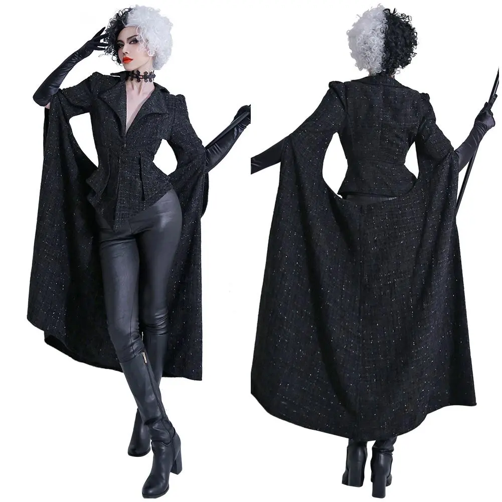 Cruella De Vil Emme Stone Schwarz Mantel Cosplay Kostüm Halloween Karneval Outfits 1 Cruella De Vil Emme Stone Schwarz Mantel Cosplay Kostüm Halloween Karneval Outfits